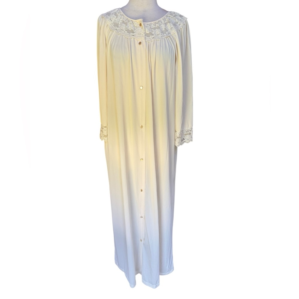 1970s Gilead Ivory Lace Trim, Button Down, Nylon Robe